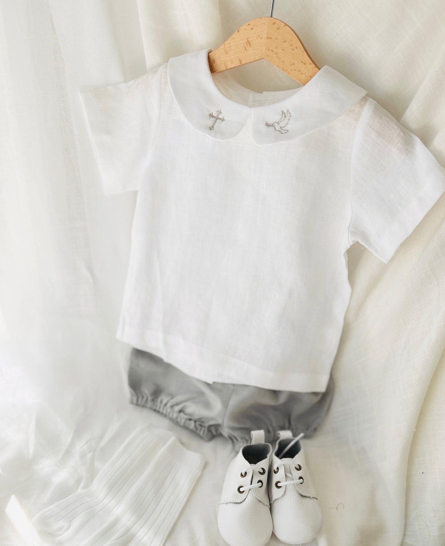 Boys white and grey linen baptism outfit with bloomers and blouse shirt