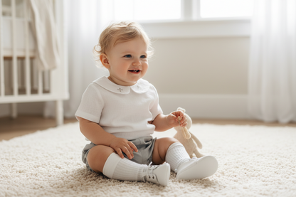 Boys white and grey linen baptism outfit with bloomers and blouse shirt