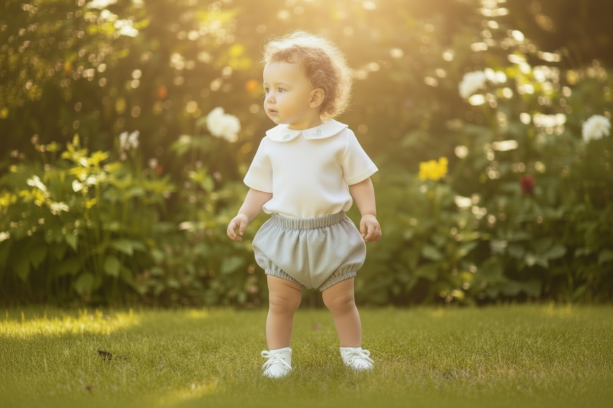 Boys white and grey linen baptism outfit with bloomers and blouse shirt