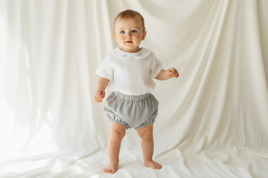 Boys white and grey linen baptism outfit with bloomers and blouse shirt