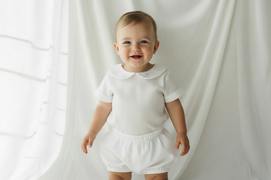 Baby and Toddler Boys white linen baptism outfit with bloomers and blouse shirt