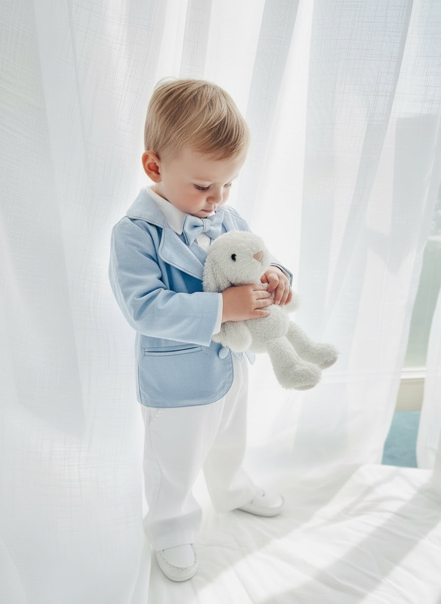 Boys pale blue and white Baptism outfit with blue vest, white linen suspender pants and shirt