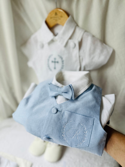 Beige Linen pants and blue vest outfit