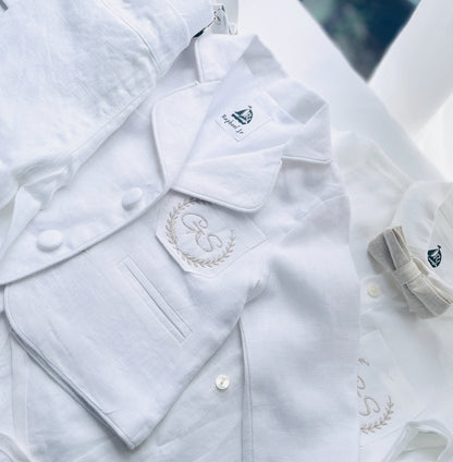 Boys White linen Baptism blazer jacket with optional embroidery