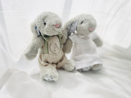 Grey fluffy christening bunny rabbit toy in little suit and bow tie to match babys outfit embroidery optional