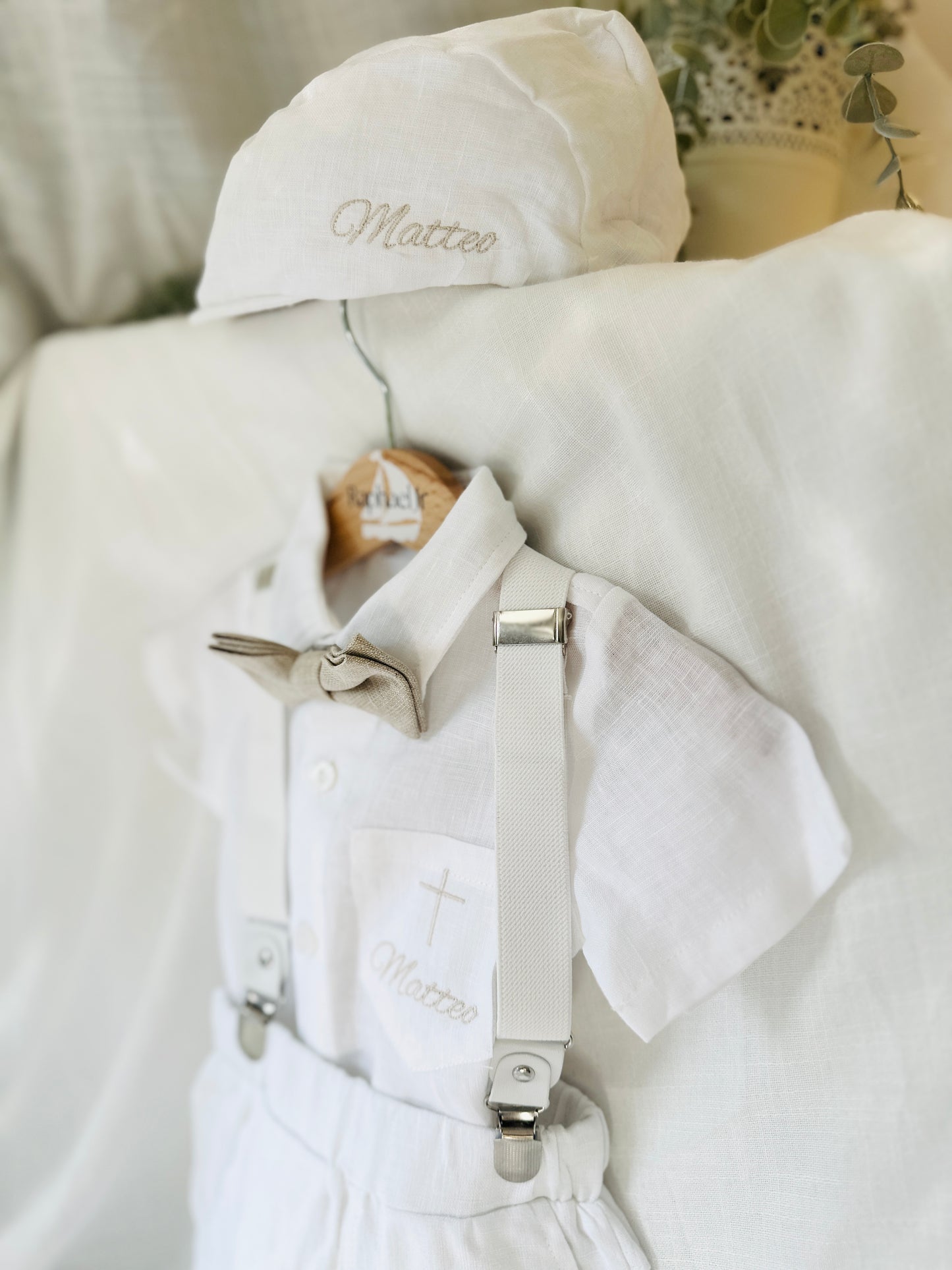 White linen summer Baptism set with shirt shorts suspenders bow tie and optional jacket