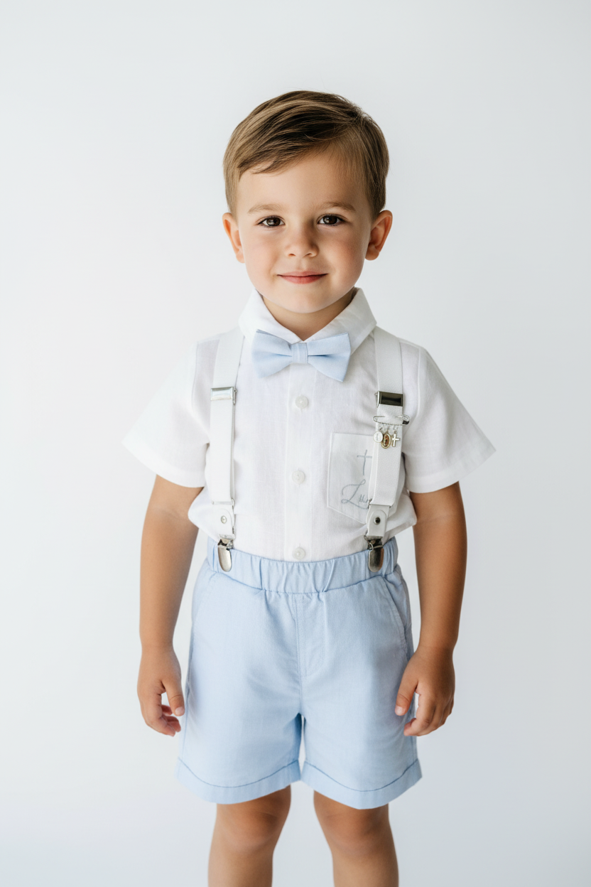 Boys pale blue shorts with linen shirt, blue suspenders and bow tie outfit plus optional extras