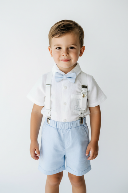 Boys pale blue shorts with linen shirt, blue suspenders and bow tie outfit plus optional extras