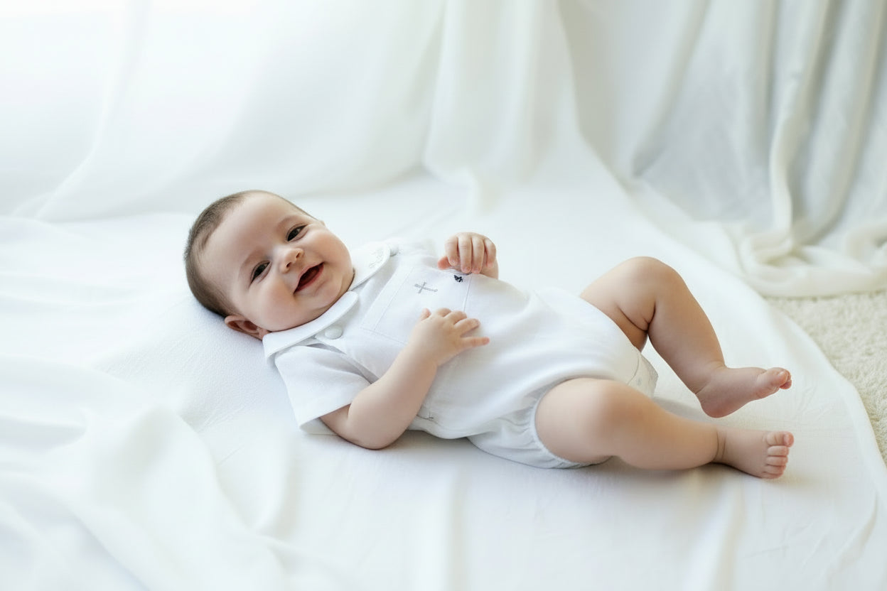 Baby white linen baptism romper overalls and blouse shirt set