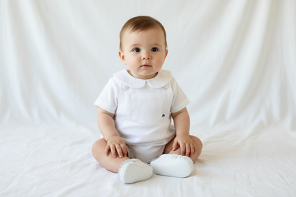 Baby and Toddler boys blue and white linen baptism and birthday romper and shirt set