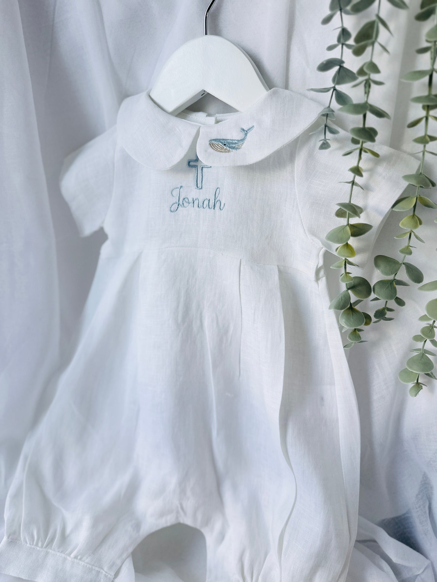Linen Baptism 3/4 length jumpsuit romper with optional cardigan and embroidery