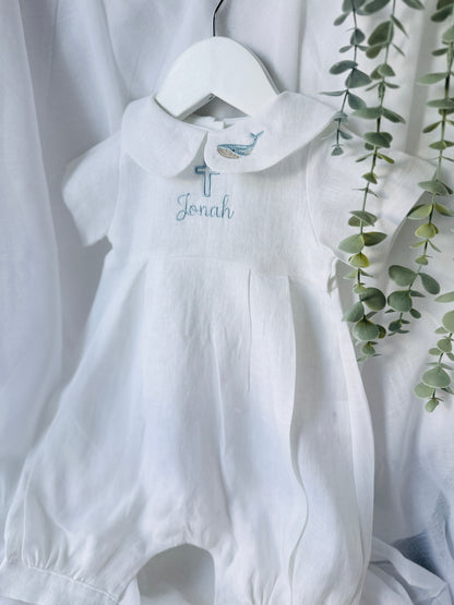 Linen Baptism 3/4 length jumpsuit romper with optional cardigan and embroidery