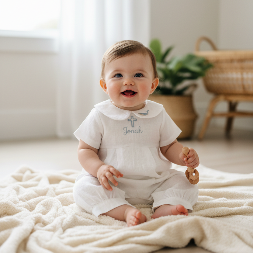Linen Baptism 3/4 length jumpsuit romper with optional cardigan and embroidery