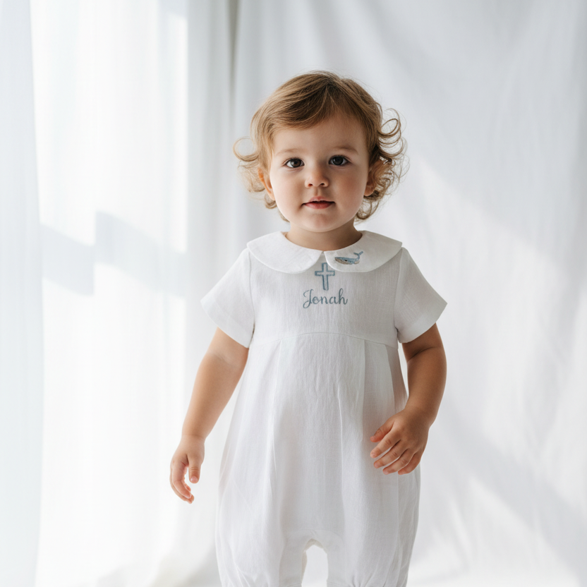 White Linen Unisex Baptism Gown 3/4 length romper with detachable skirt