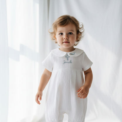 White Linen Unisex Baptism Gown 3/4 length romper with detachable skirt