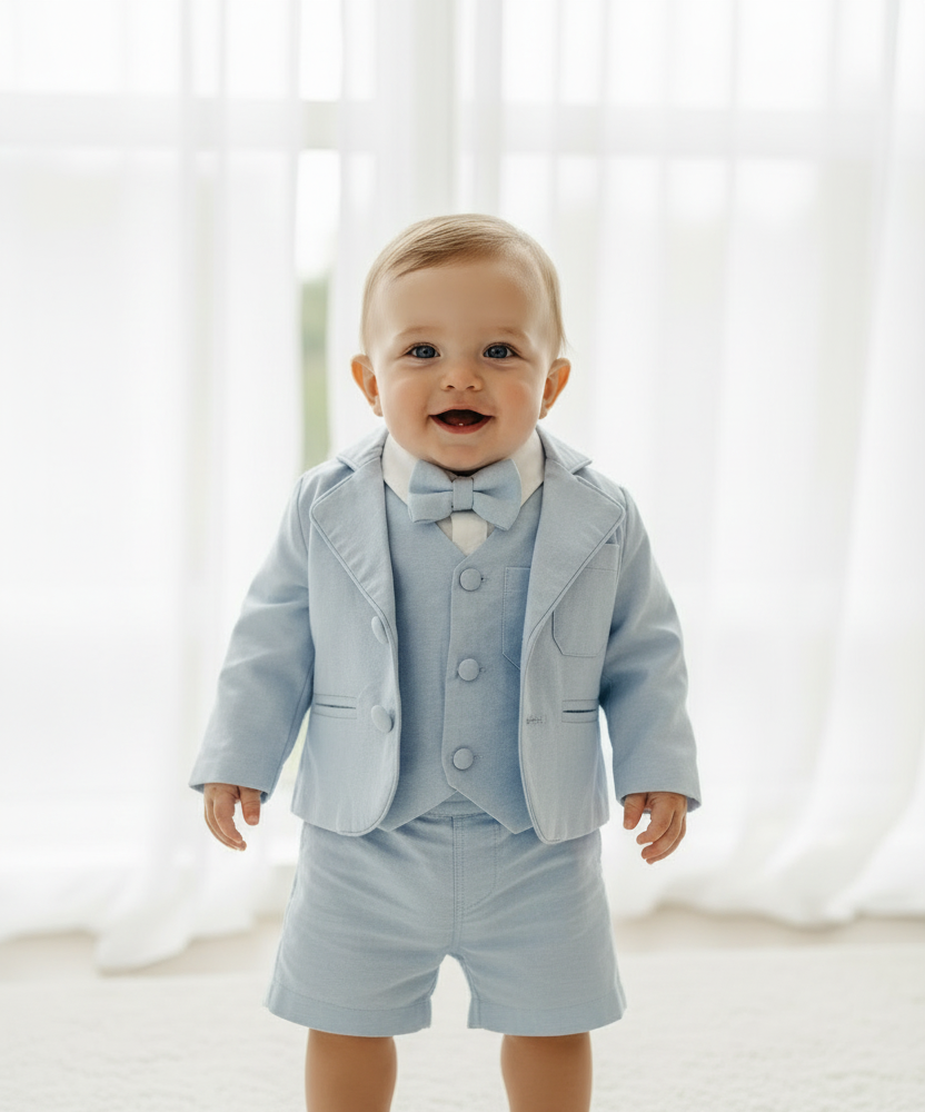 Pale blue summer vest set with blue vest, suspender shorts white shirt and blue blazer