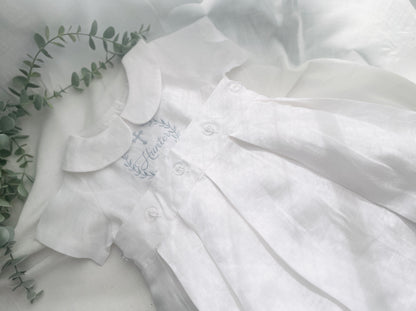 White Linen Unisex Baptism Gown 3/4 length romper with detachable skirt