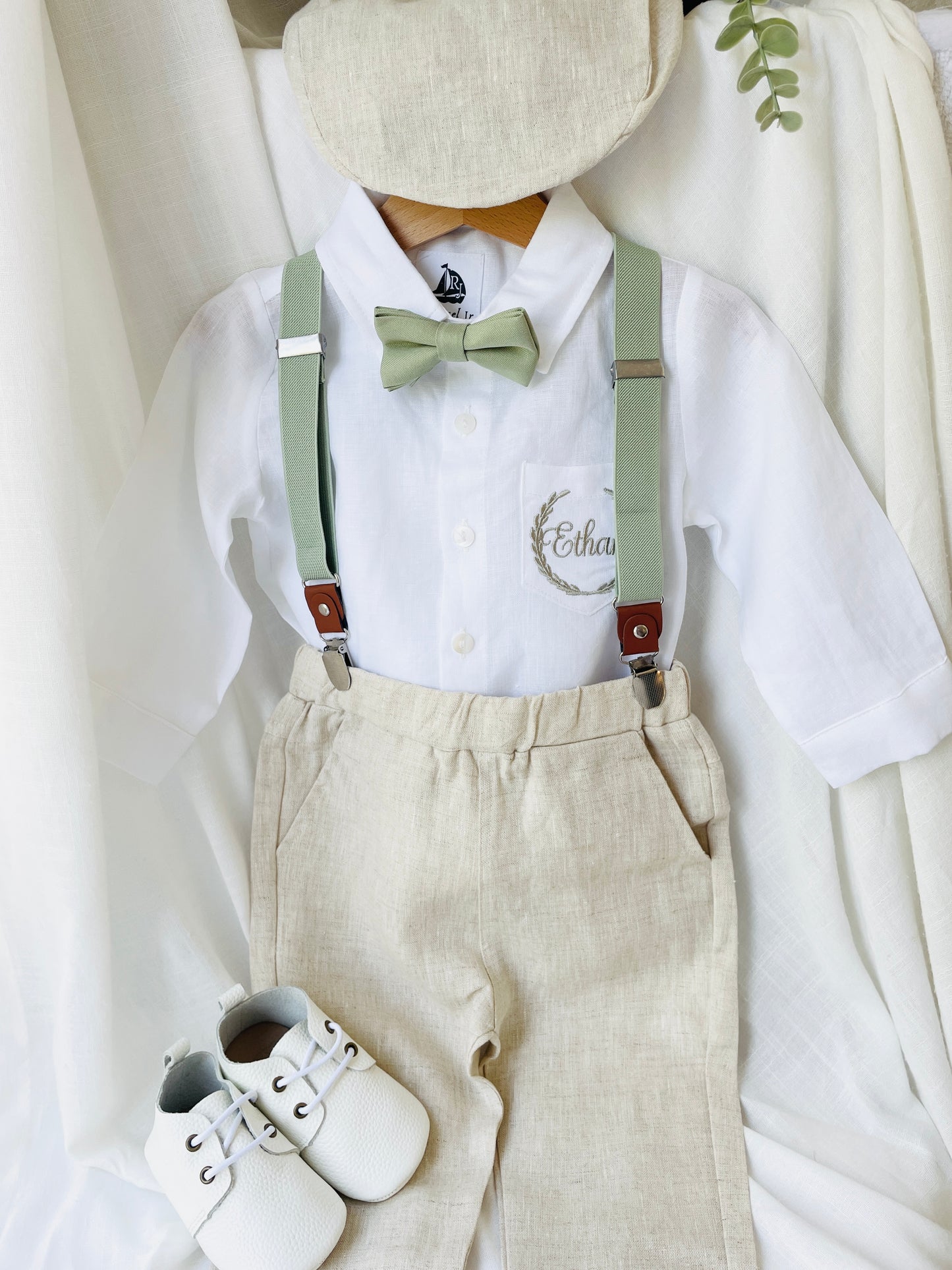 Beige linen pants and shirt set with bowtie and suspenders and optional personalisation