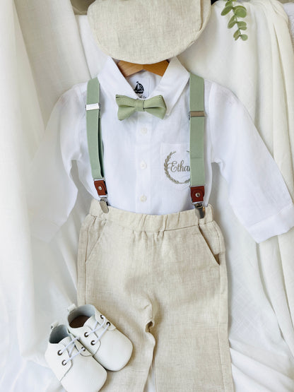 Beige linen pants and shirt set with bowtie and suspenders and optional personalisation