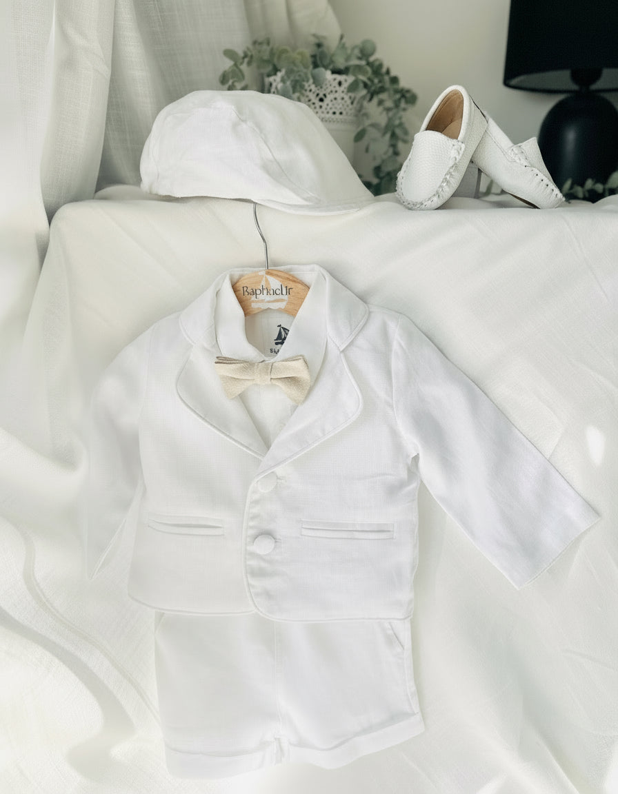 White linen summer Baptism set with shirt shorts suspenders bow tie and optional jacket