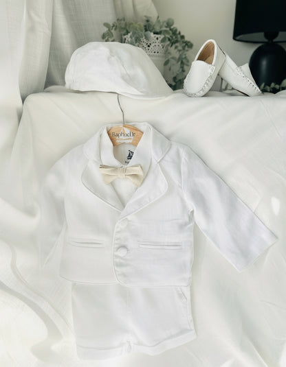 White linen summer Baptism outfit with suspender shorts, shirt, bowtie plus optional extras