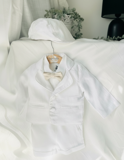 White linen summer Baptism outfit with suspender shorts, shirt, bowtie plus optional extras