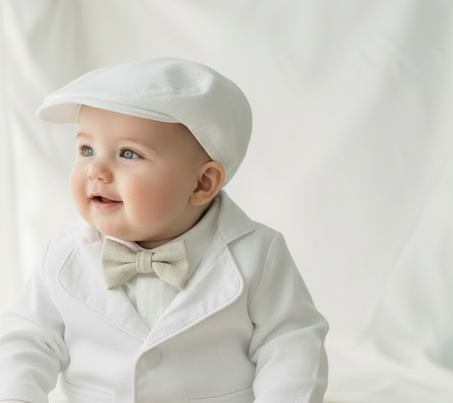 White linen summer Baptism outfit with suspender shorts, shirt, bowtie plus optional extras