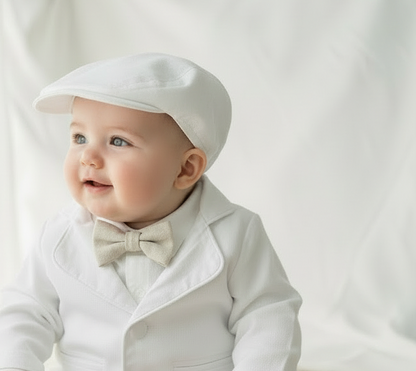White linen summer Baptism outfit with suspender shorts, shirt, bowtie plus optional extras