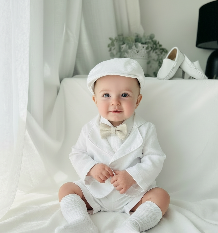 White linen summer Baptism outfit with suspender shorts, shirt, bowtie plus optional extras