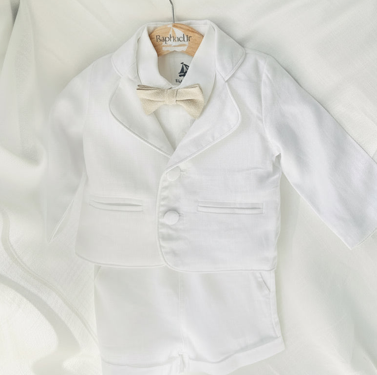 White linen summer Baptism outfit with suspender shorts, shirt, bowtie plus optional extras