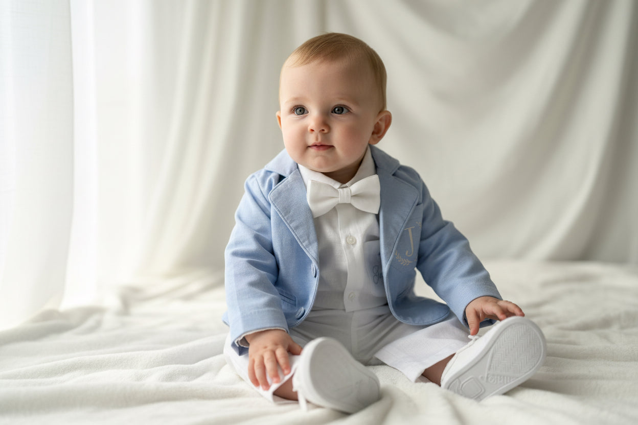 White linen Baptism Suit outfit with optional blue jacket and Accessories