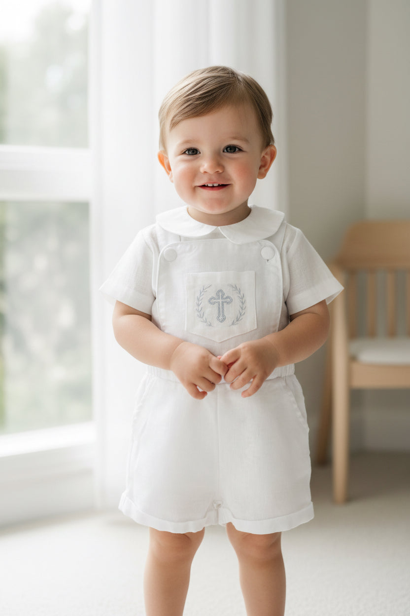 Boys white pure linen overalls suspender shorts with optional linen blouse and embroidery