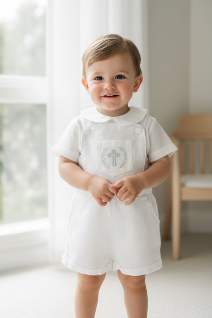 Boys white pure linen overalls suspender shorts with optional linen blouse and embroidery
