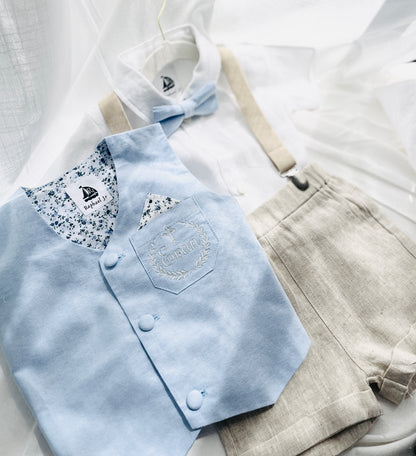 Pale blue and Beige linen summer set with blue vest, white shirt, beige shorts, suspenders and blue bow tie