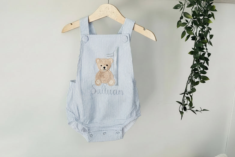 Baby and Toddler boys blue and white linen baptism and birthday romper and shirt set