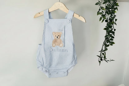 Baby and Toddler boys blue and white linen baptism and birthday romper and shirt set