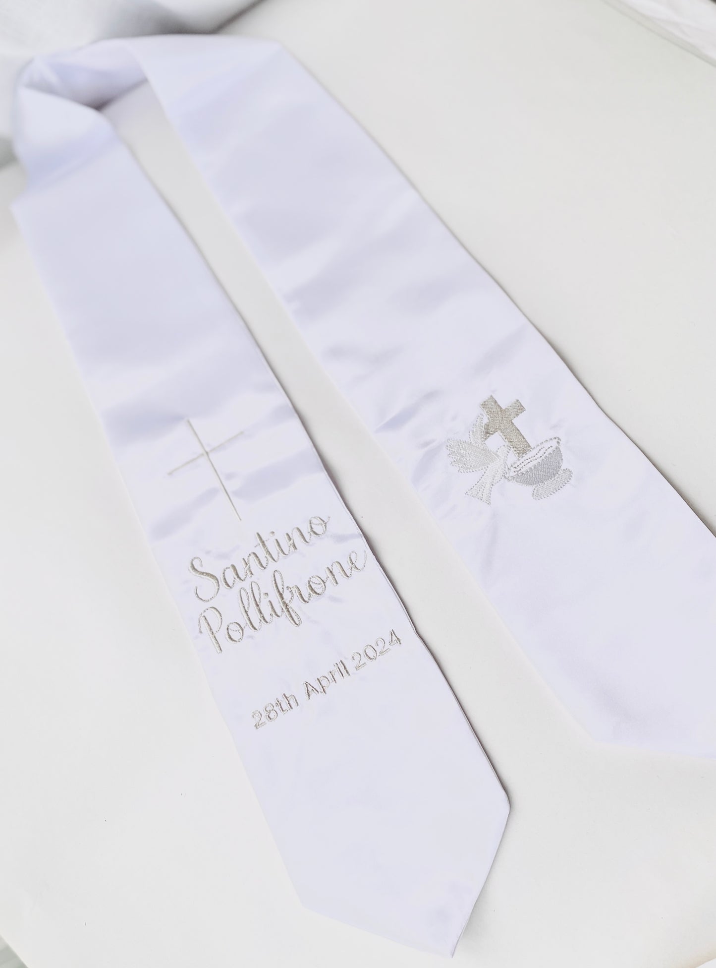 White satin children's sash stole for Baptisms