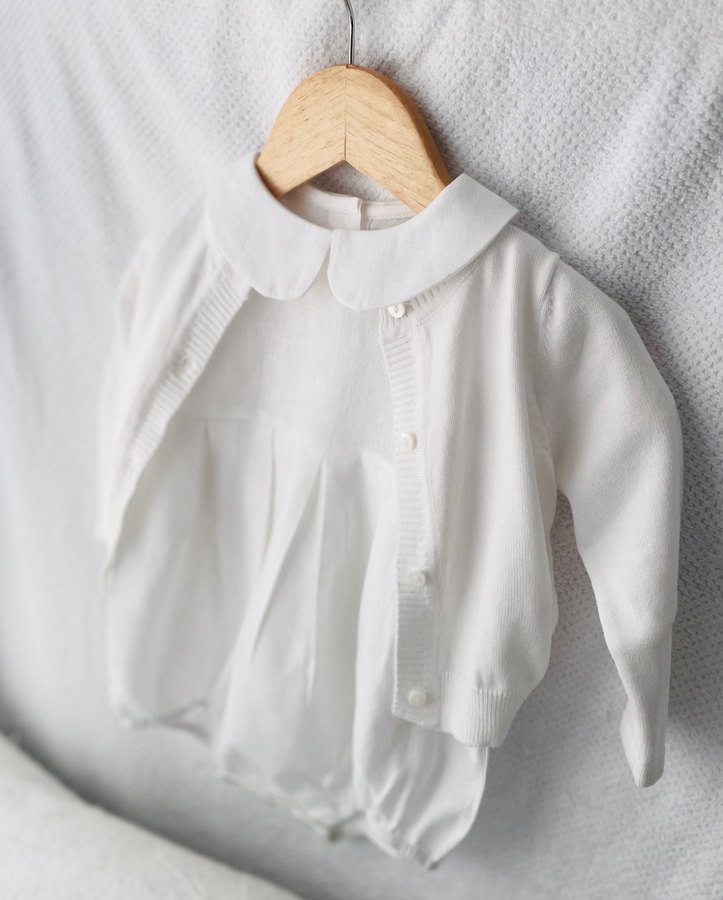 Linen Baptism peter pan collar romper outfit with optional embroidery customisation