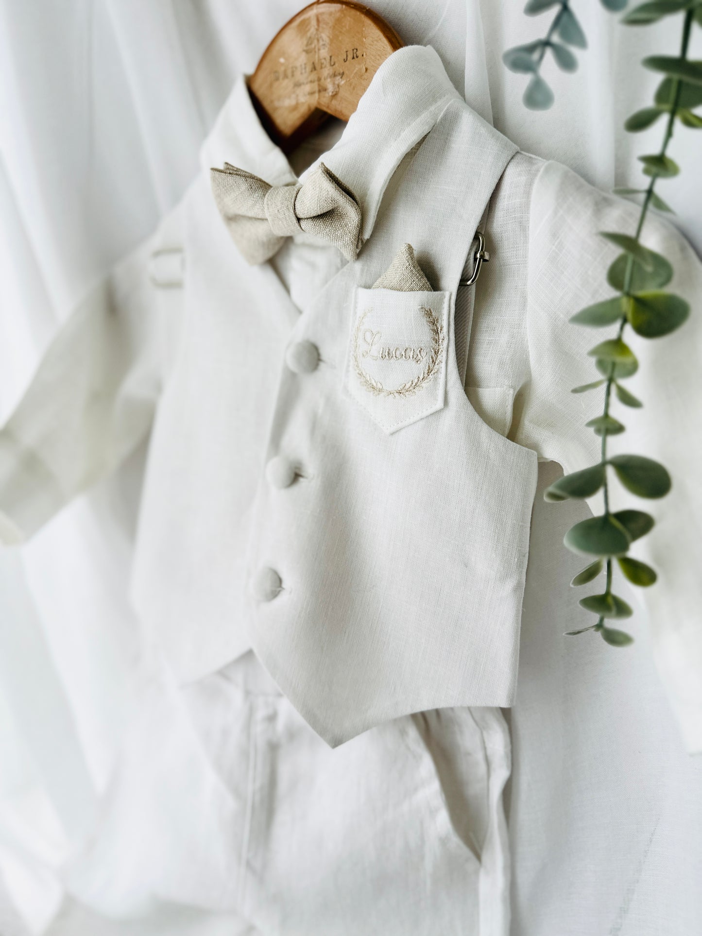Boys white linen full 5 piece suit with vest, jacket, shirt, pants, suspenders and bow tie plus extras