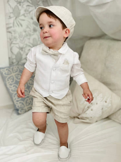 Boys white and beige linen Baptism and Wedding Outfit with vest, shirt, shorts, suspenders and bow tie