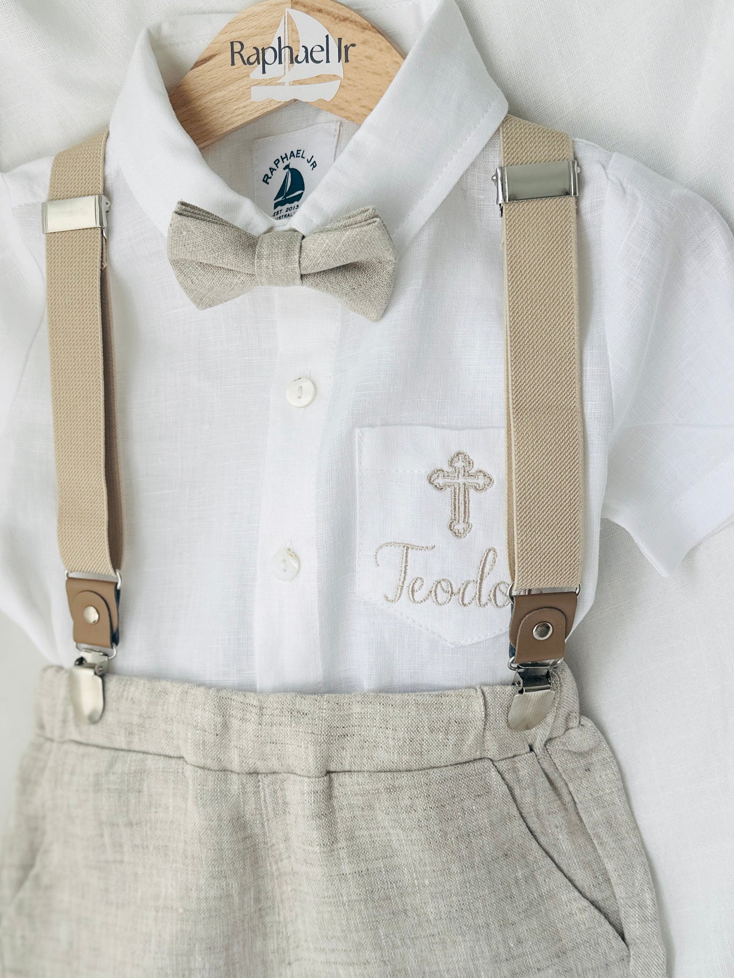 Beige Linen vest suit, shirt, pants, suspenders and bowtie plus optional jacket, cap and shoes