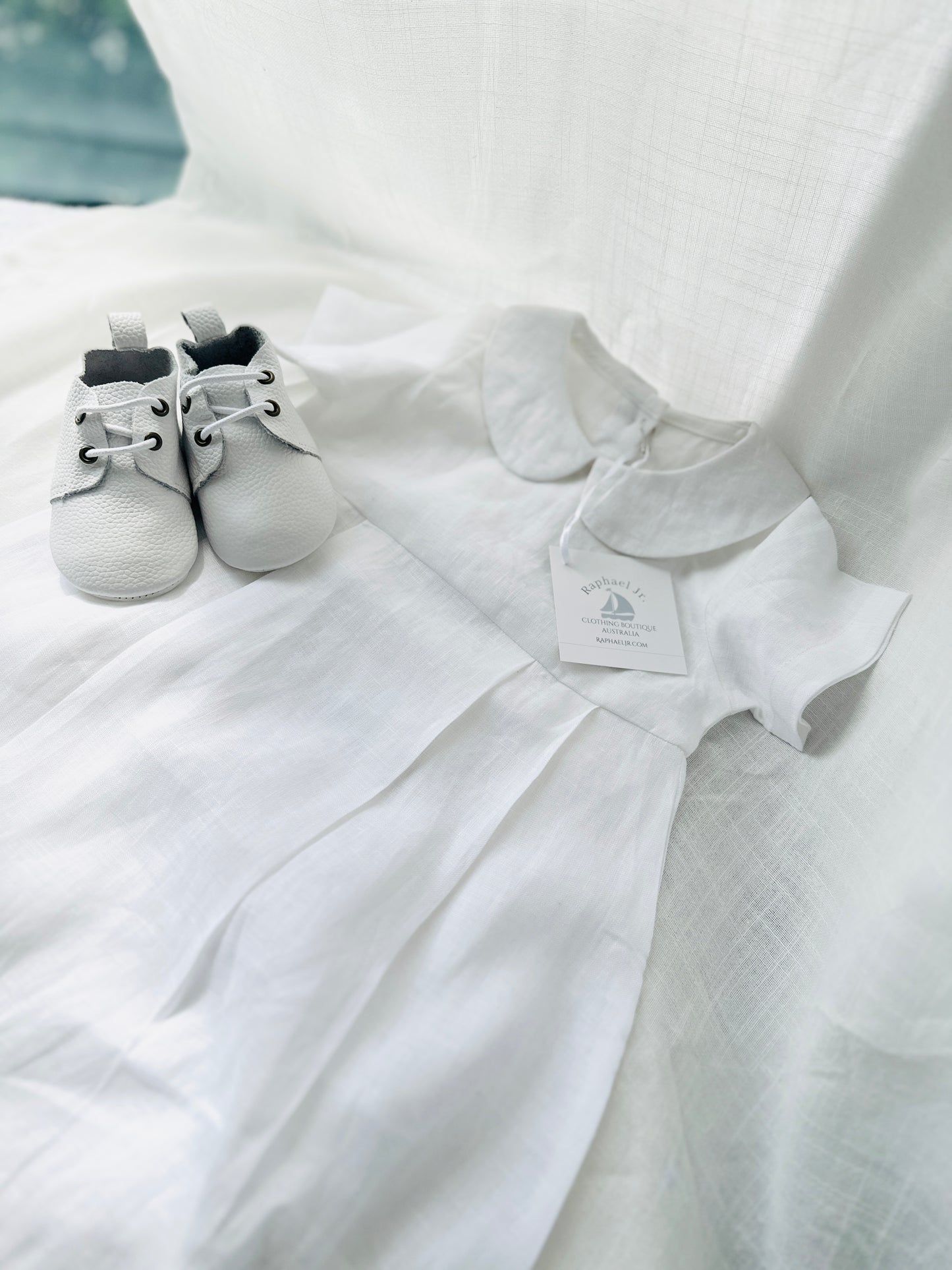 Linen Baptism romper short-all outfit with optional embroidery customisation