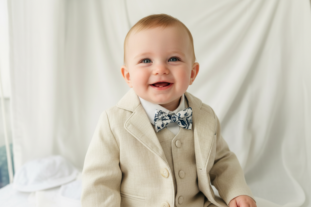 Beige Linen vest suit, shirt, pants, suspenders and bowtie plus optional jacket, cap and shoes