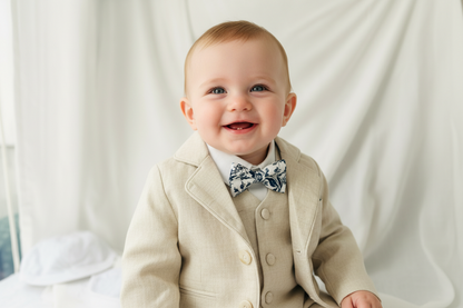 Beige Linen Shorts Shirt Suspenders and Vest set with Optional Cap Jacket and Embroidery