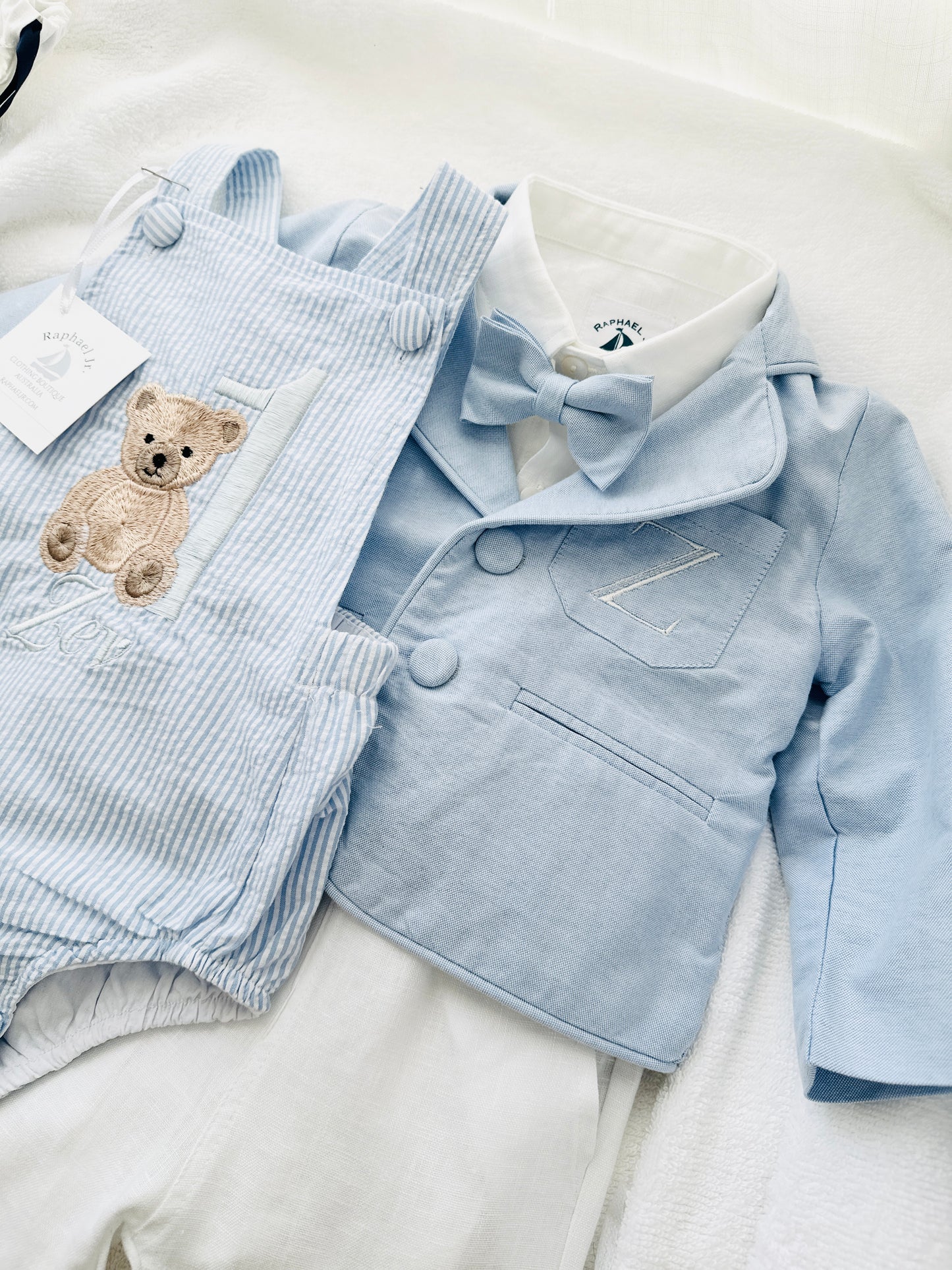 White linen Baptism Suit outfit with optional blue jacket and Accessories