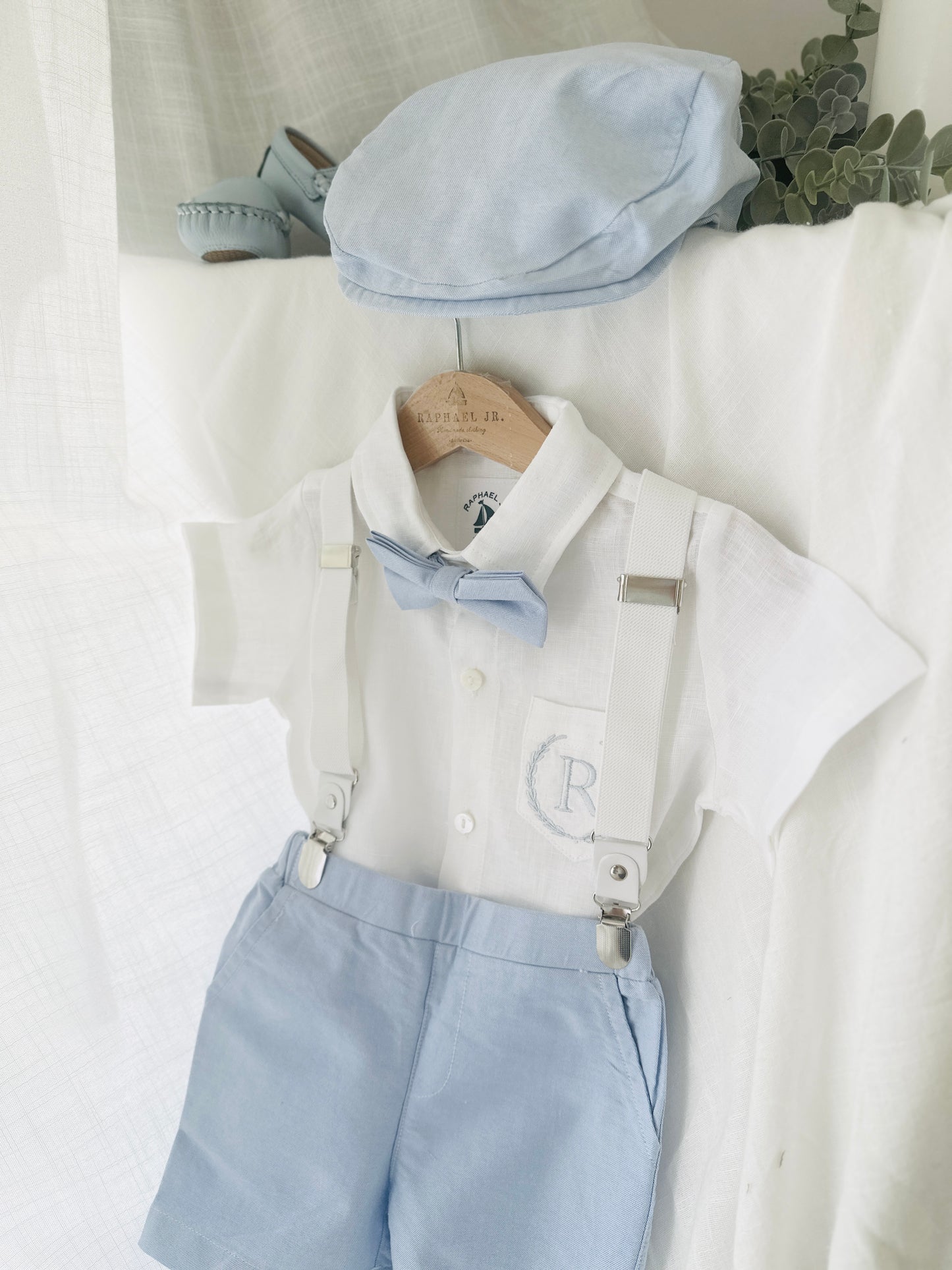 Blue chambray set with blue pants, white linen shirt, white, blue or beige suspenders and blue bow tie