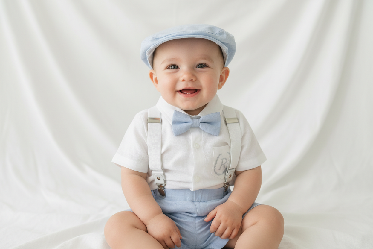 Blue chambray set with blue pants, white linen shirt, white, blue or beige suspenders and blue bow tie