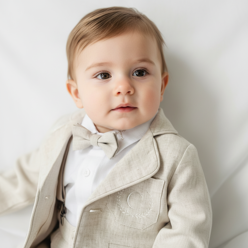 White and Beige Linen Set with optional Jacket Accessories and Embroidery