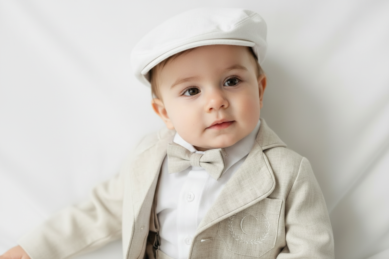 Beige Linen vest suit, shirt, pants, suspenders and bowtie plus optional jacket, cap and shoes