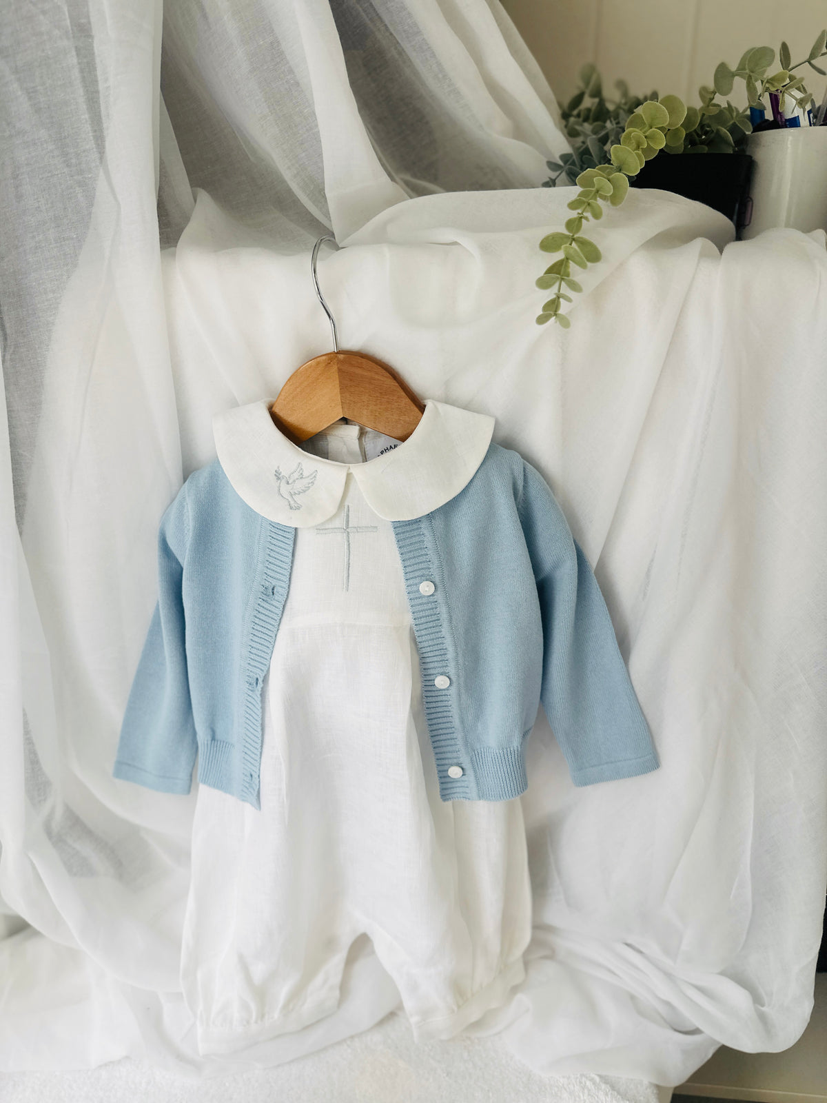 Linen Baptism 3/4 length jumpsuit romper with optional pale blue cardigan